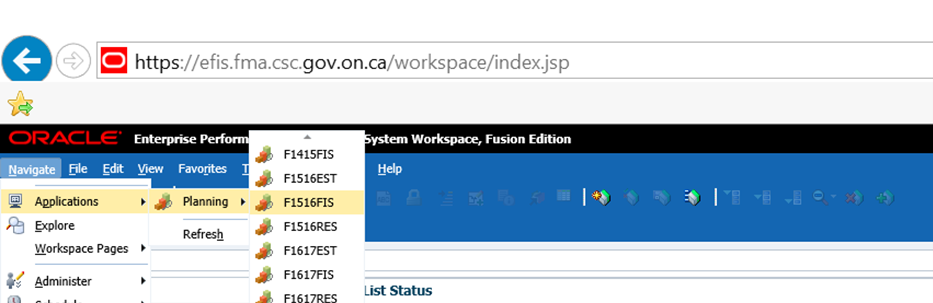 Selecting navigate, applications, planning, application name